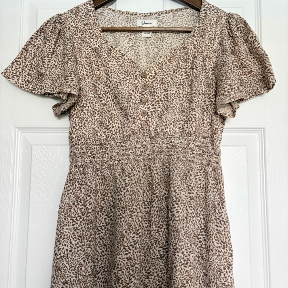 Boho,Smocked,Midi, Small, Cottage-core Leopard print, neutral, Dress - Picture 2 of 6
